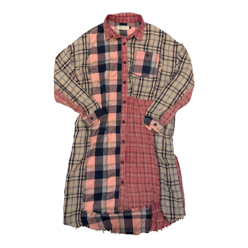 Bad Little Country Girl Tina Pink Patchwork Plaid Flannel Shirt Dress Small